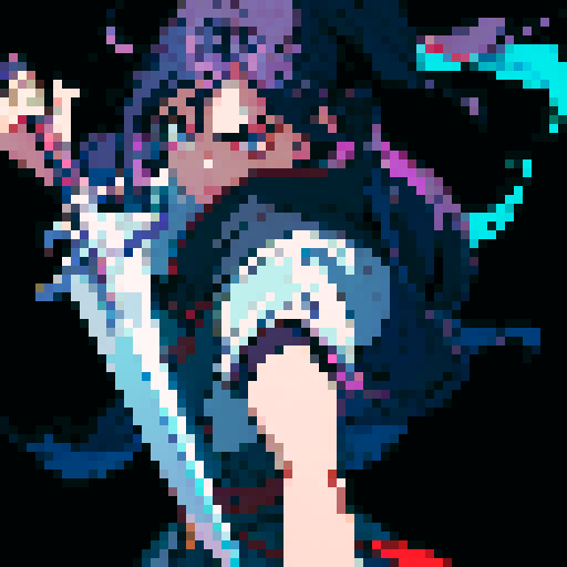 girl with long hair and fierce expression, holding a shining sword with intricate engravings, vibrant colors, and sharp pixelated details