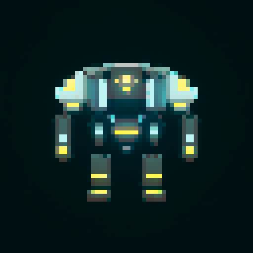humanoid combat drone, sleek and metallic, glowing LED eyes, angular limbs, pixelated retro style
