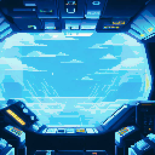 spaceship cockpit interior, blinking lights, knobs, dials, looking out into space, first person view, moody atmosphere
