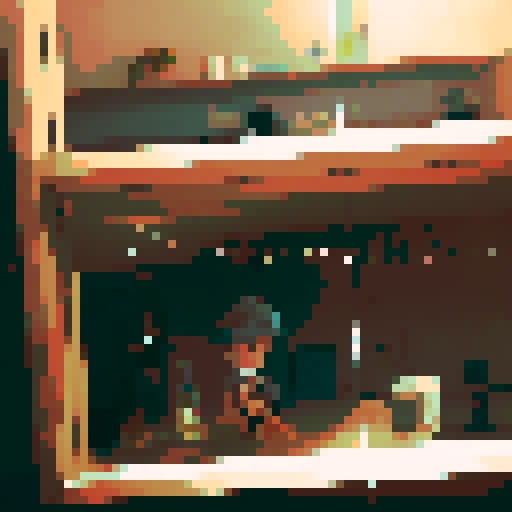 boy with long hair, hat on, bottle next to him, unbothered, mirror reflecting party behind him, pixel art, important one girl to his left she is looking at her phone