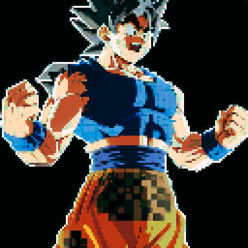 Create a pixel art of Goku, with accurate features: spiky hair, orange and blue suit. It should mimic the anime’s style, resembling classic 8-bit video game art and be highly recognizable. make it as detailed as you can fit within the space try to generate the rest of the body, turn his hair white with shading 