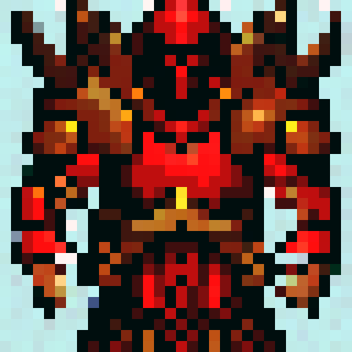Red, fiery, horned devil with sharp fangs, adorned in shiny metal armor, wielding a wicked-looking trident, in 32x32 pixel art style