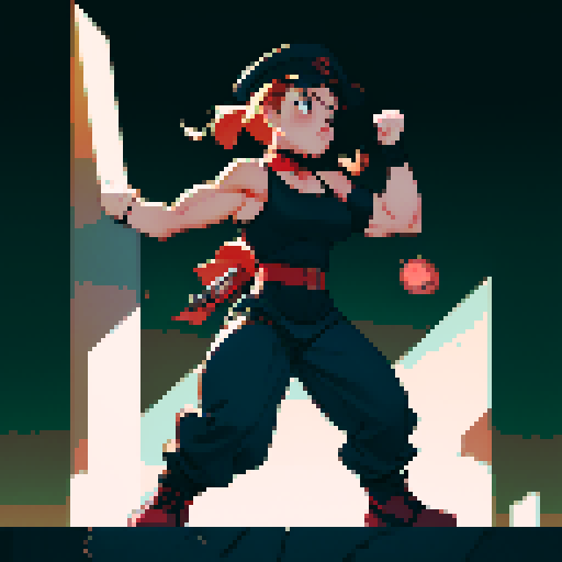 full-body image, muscle girl, female, thick biceps, big shoulders, big fists, muscular physique, thick waist, facing left, ready to fight, exaggerated proportions, black military uniform, black hat, military backdrop, sRGB, pixel art, no background, no backdrop, facing left, fists raised, ready to fight