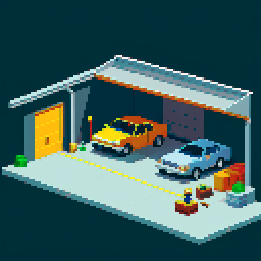 Large garage with cars, gray, asphalt, table, tools, car parts, pixel art