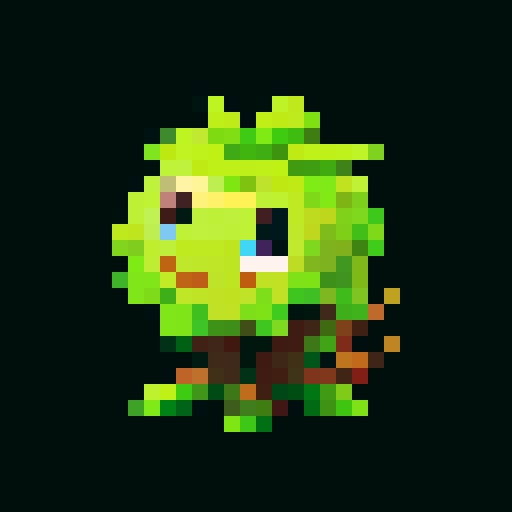 A slightly larger plant-like creature with more defined features, bark-like skin, and budding flowers. It has a friendly expression and a sturdy build. No background.
