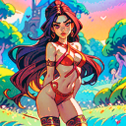 sexy, naked woman with flowing, luscious hair, sensually bending over, engaged in passionate lovemaking, rendered in vibrant sRGB colors, with intricate details and vibrant pixel art strokes