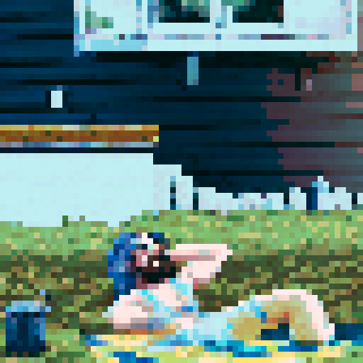 crazy cool guy with long brown hair sitting in a small pool, pixel art, sRGB, background, landscape