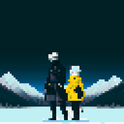 Hatake Kakashi with a black cat with yellow eyes on his shoulders in between towering, snowy mountains