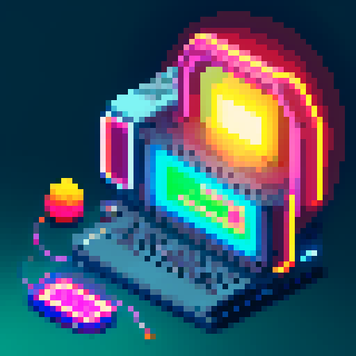 capsule corp computer, Dragonball character, bright colors, retro pixel art, futuristic design, glowing buttons, sleek and compact, holographic display, iconic logo, high-tech interface, dynamic energy lines