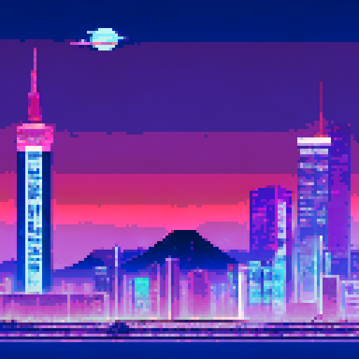 vaporwave pinks and purples, Tokyo Tower illuminated, pixel art Mount Fuji backdrop, sRGB, Tokyo night skyline, vibrant colors, city lights, futuristic aesthetic, urban landscape