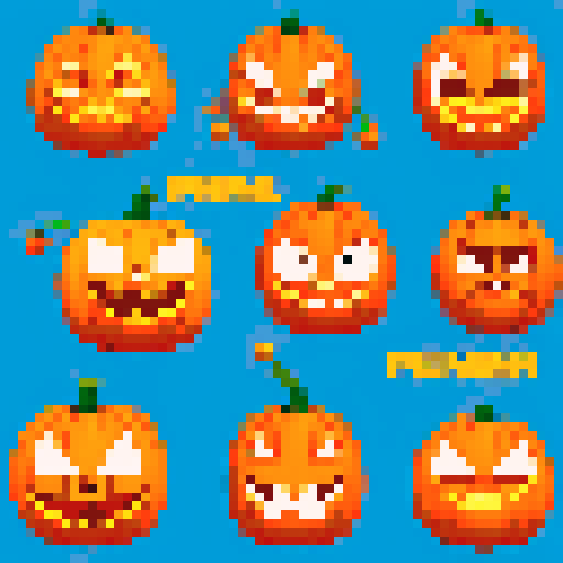 cartoon pumpkin faces with expressive eyes and quirky grins, rendered in vibrant pixel art with a rich sRGB color palette