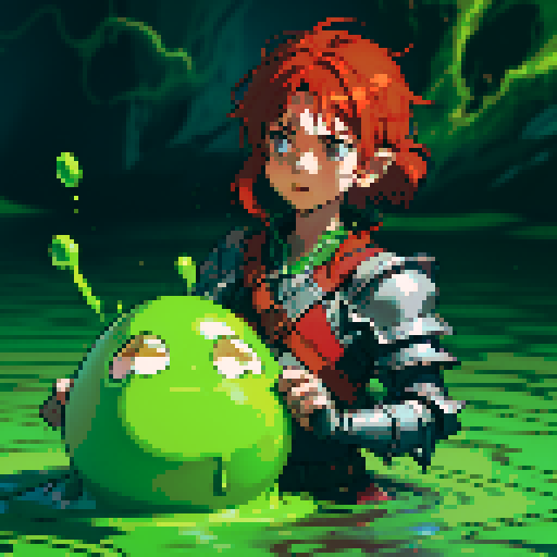 hero sinking into slime, hero drowning in slime, hero has red hair, hero has silver armor, reaching up, panic, sinking deep into slime