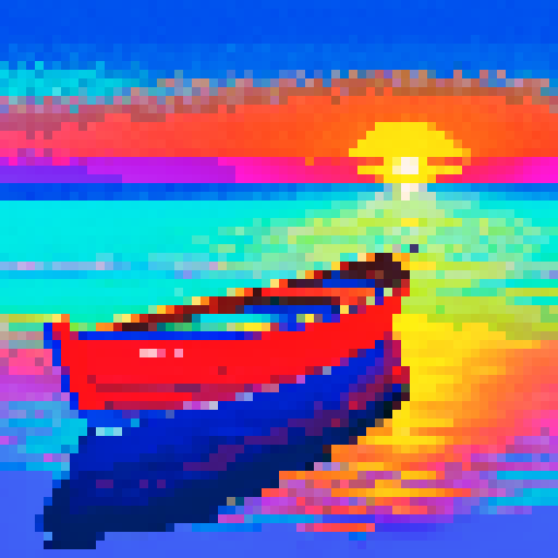 boat on sea, vibrant colors, pixel art, reflecting sunrise, shimmering waves, glowing horizon, sRGB color space, tranquil atmosphere