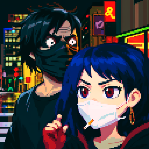 Girl on the right smoking a cigarette, guy on the left holding a gun with a black mask covering his face, gritty, rainy, nighttime, downtown