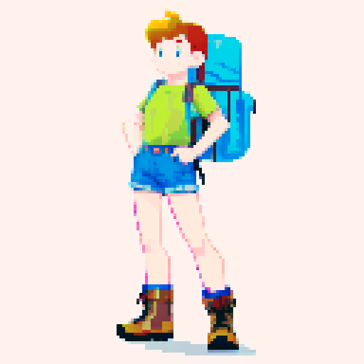 Full body image of a Male character wearing a T-shirt, colorful shorts, hiking boots,and backpack