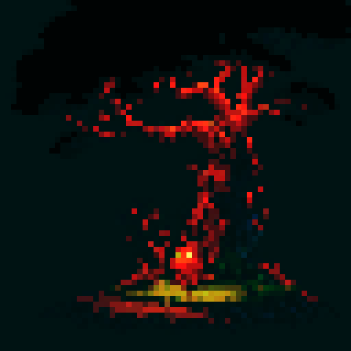 pixel art, sRGB, enemy tree stump with gnarled branches, haunting red eyes, moss-covered bark, sharp thorns, eerie glow, twisted roots, menacing presence, dark and foreboding atmosphere