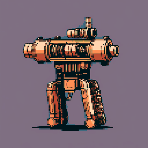 I want to see a simple copper minigun with 8 barrels floating in the center of the frame. It should have strange mechanical details that could interlock with others. I want this object usable an asset in a videogame, meaning only one object per image, outlined with a strong black stroke, on a solid-color background. 