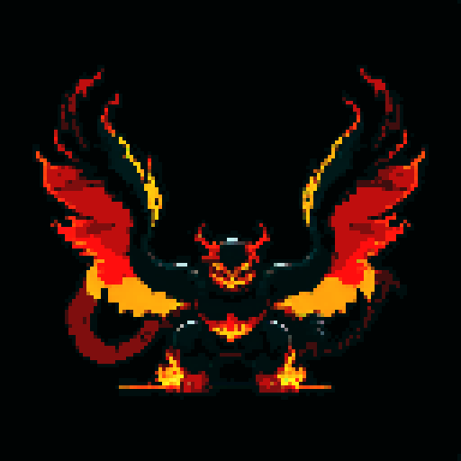 A larger, more formidable fire demon with intense flames engulfing its body, large wings, and glowing yellow eyes. It radiates heat and has a fierce, intimidating expression. No background.

