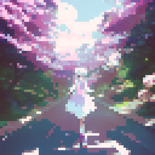 White-haired anime girl twirling in a flowy, ethereal dress amidst cherry blossom petals and a soft, pastel-colored sky