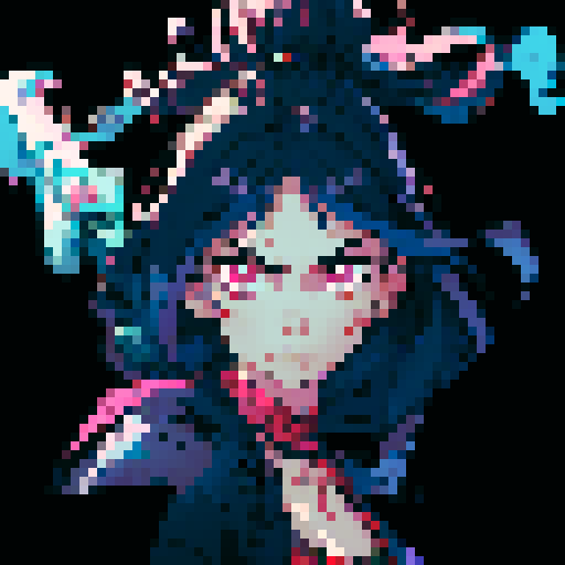 girl with long hair and fierce expression, holding a shining sword with intricate engravings, vibrant colors, and sharp pixelated details