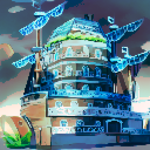 floating ship with water flowing down like a waterfall and steam, 10 stories tall, with blue colors and light  green details