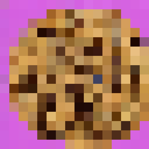chocolate chip cookie, close up, portrait, game icon, pixel art, 16x16, delicious, crumbly, golden brown, melty chocolate, mouthwatering, bite-sized, textured, sweet, indulgent, irresistible