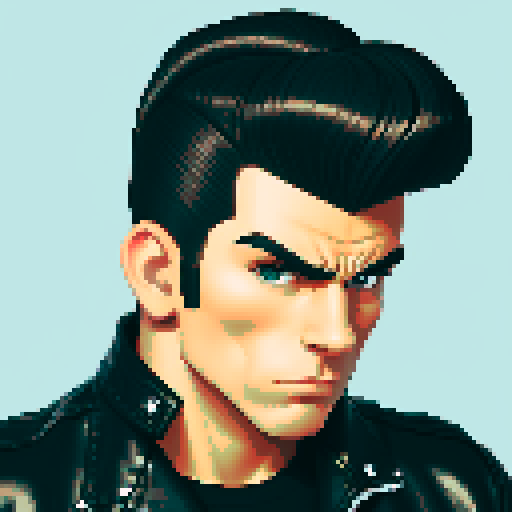 Muscular, tough greaser man with a pompadour hairstyle, wearing a motorcycle jacket, pixel art, sRGB colors, portrait, face avatar