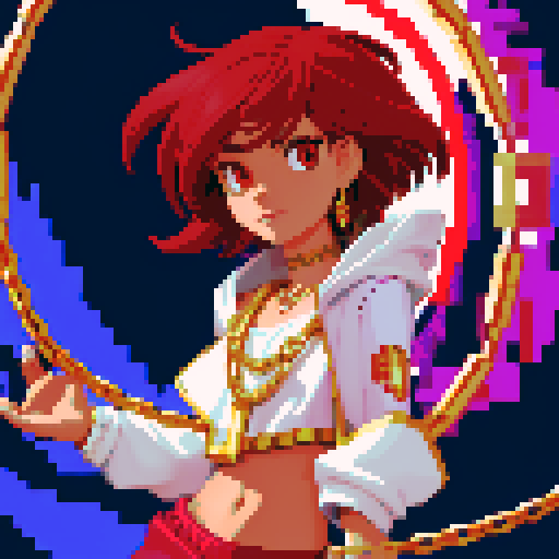 tan skinned, dark vibrant red hair flowing, pink eyes with a hint of red, short white skirt with gold detailing, gold bracelet, iron chain necklace, purple crop top, short white jacket with pixel art style in sRGB
