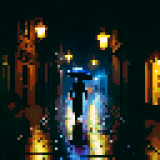 A man walking in the rain down a well lit street. 