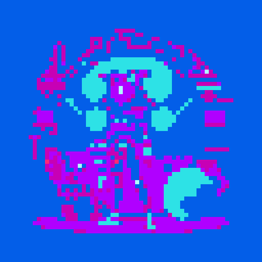 Alien character with a futurisic headdress, glowing eyes, and hieroglyphic tattoos, holding a raygun, standing in a vibrant galaxy filled with colorful planets and stars, surrounded by futuristic UFOs and ancient Egyptian and Sumerian inspired architecture, invading earth, loveing bitcoin very very much, all depicted in high quality pixel art using the retro sRGB color palette, retrowave style, showcasing intricate details and bold, stylized compositions