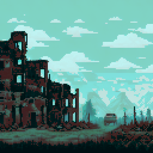 Apocalyptic ruins, desolate wasteland, decaying buildings, crumbling infrastructure, overgrown vegetation, abandoned vehicles, eerie atmosphere, gloomy sky, ominous clouds, dilapidated cityscape, pixelated art style, sRGB color profile, post-apocalyptic landscape