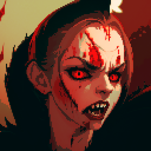 vampire, pixel art, sRGB, blood-soaked fangs, haunting gaze, pale complexion, flowing cape, mesmerizing eyes, feral claws, eerie moonlight, gothic atmosphere, crimson splatters, ethereal shadows, menacing silhouette, sharp incisors, nocturnal charm