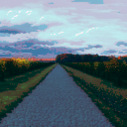 cloudy sky, dull sunset, paved pathway, fall leaves