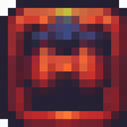 Create a sharp, minimalist 16x16 damage icon featuring fiery red and deep black colors with jagged edges and a cracked surface.
