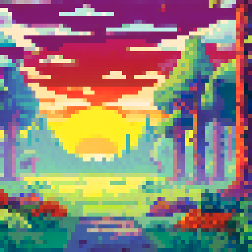 Sunset meadow in the forest, misty, with tall trees towering above in the background, all in a pixel art style with vibrant sRGB colors