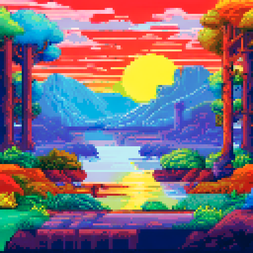 a serene landscape of trees and water, and a sunrise. use of colors of red blue yellow and green.