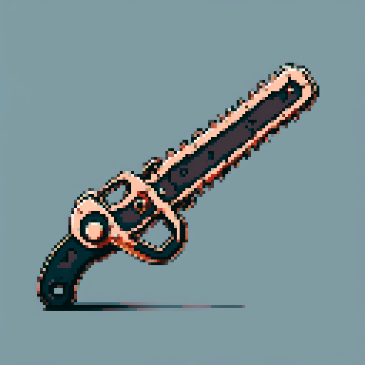 I want a copper structure reminiscent of an magical chainsaw. It should have strange mechanical details that could interlock with other pieces. I also want this object usable an asset in a videogame, meaning only one object per image, outlined with a strong black stroke, on a solid-color background.