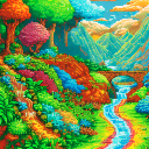 vibrant, colorful, pixelated, sRGB, pixel art, background, landscape, rolling hills, winding river, blooming flowers, towering mountains, lush forests, clear blue sky, fluffy clouds, sparkling waterfalls, peaceful meadows, glowing sunset