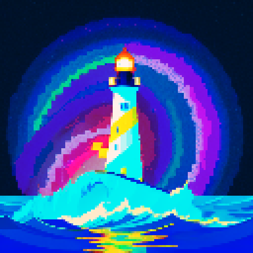 white lighthouse standing tall,rough sea, aurora, vibrant colors, pixelated waves, glowing beams, shimmering reflections, geometric shapes, twinkling stars, low-resolution beauty, retro aesthetic, 8-bit masterpiece