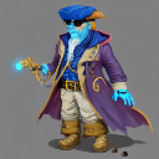 a pirate captain with a blue gemstone eyepatch covering his blind eye and a mechanical and wooden prosthetic leg. He likes to play with his blue gemstone dagger and wears a blue robe leather coat. He bullies a cthulhu-like creature that he keeps in a metal box.
