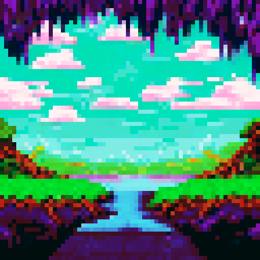 Creepy dolls with beady eyes and chipped paint hang from twisted, black vines in the dimly-lit but colorful kids indoor playground pixel art playground