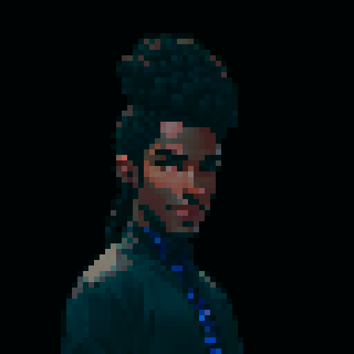 feminine black man, dark hair, expressive eyes, confident smile, pixel art, sRGB, portrait, blank background