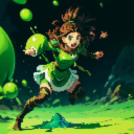 slime slamming into a hero, impact, splattering, full-body image, hero has brown hair and metal armor, slime is green