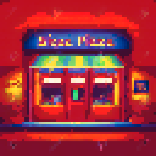 Dimly lit pizzeria office with a retro sign, flickering neon lights, red and white checkered tablecloths, and a stack of pizza boxes in the corner