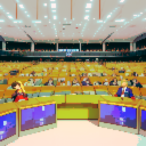Wide shot of delegates arguing inside of German Federal Parliament, live TV coverage, vibrant colors, pixelated details, retro video game aesthetic, animated pixel art, intricate pixel patterns, dynamic lighting, immersive atmosphere, animated gestures, traditional German clothing, historical significance