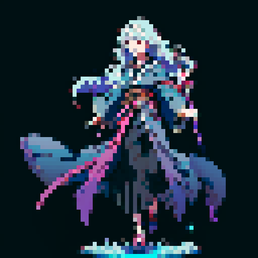 legendary anime girl wizard, floating above the ground, long flowing hair, dark and emo colors, glowing magical staff, intricate and ornate robes, intense and focused expression looking to the right, not wearing shoes, sparkling and shimmering background, sRGB