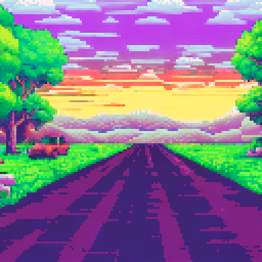 Purple sunset with green fields next to a highway with someone driving a pick up truck