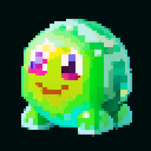 A sparkling, semi-transparent slime with a crystalline structure. It has shimmering facets, bright eyes, and a cheerful smile, with light reflecting inside. No background.
