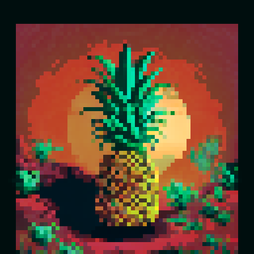 Giant Pineapple with intricate golden patterns growing halfway in the ground, surrounded by little baby pineapple saplings, all illuminated by moonlight in an isometric view, against a black background, showcasing only 6-colors
