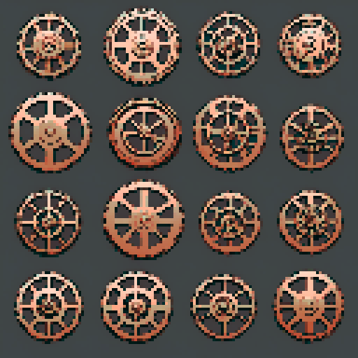 I want a copper gear that looks like it was made by a master clockmaker. It should have strange mechanical details that could interlock with each other. I also want this object usable an asset in a videogame, meaning only one object per image, outlined with a strong black stroke, on a solid-color background.